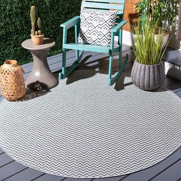 Hampton Beige/Aqua 6 ft. x 6 ft. Striped Zig-Zag Indoor/Outdoor Round Area Rug