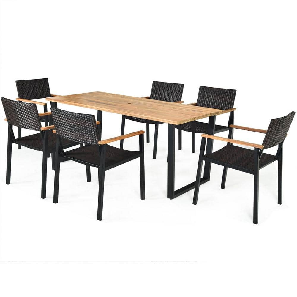 ANGELES HOME 7-Piece Acacia Wood Outdoor Dining Set with Large Rectangle Table Top and Rattan Chair -  SA652-9HW19B+
