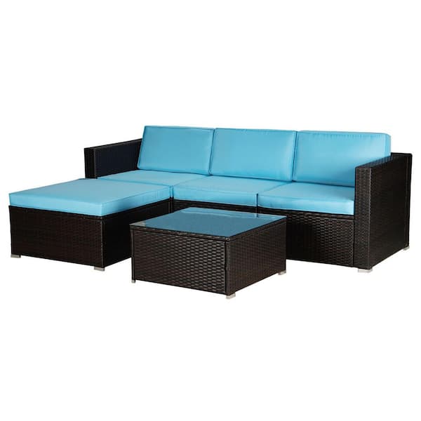 Tidoin Black 5-Piece Wicker Outdoor Garden Patio Furniture Sectional Sofa Sets with Blue Cushion