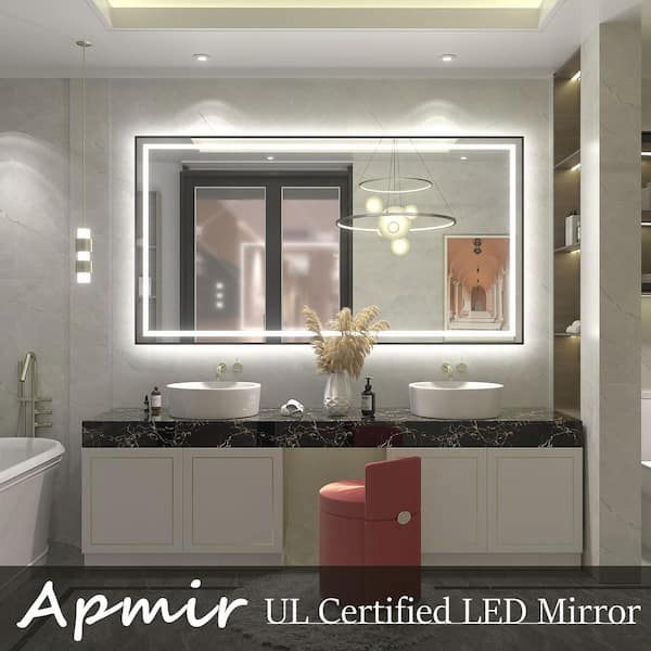 66 in. W x 36 in. H Rectangular Framed Front and Back LED Lighted Anti-Fog Wall Bathroom Vanity Mirror in Tempered Glass