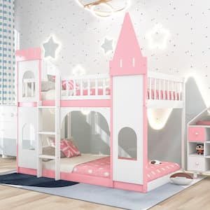 Castle Designed Twin Over Twin Bunk Bed with Ladder,Pink