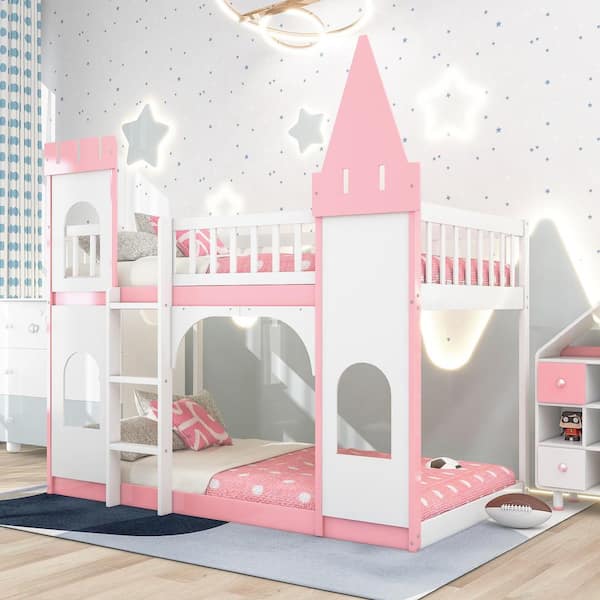 Polibi Castle Designed Twin Over Twin Bunk Bed with Ladder,Pink