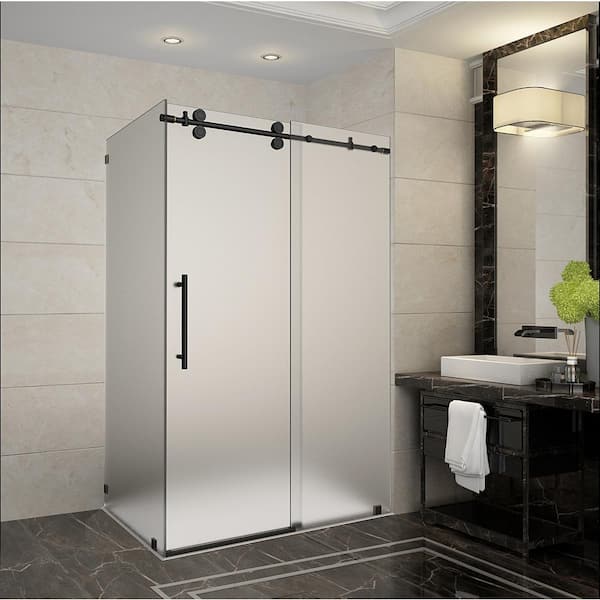 Aston Langham 44 in. - 48 in. x 33.8125 in. x 75 in. Frameless Sliding Shower Enclosure, Frosted Glass in Oil Rubbed Bronze