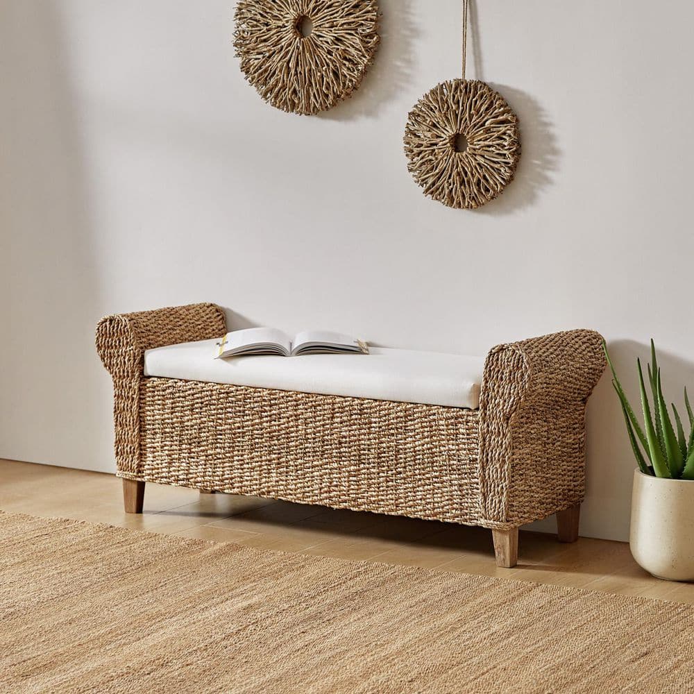 August 56 in. W Boho Flip Top Storage Rattan Entryway Bench with Solid Wood Legs and Roll Arms-Natural