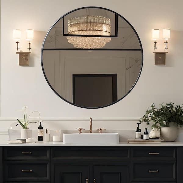 39 in. W x 39 in. H Round Shaped Aluminum Framed Bathroom Mirror Wall Mirror in Black