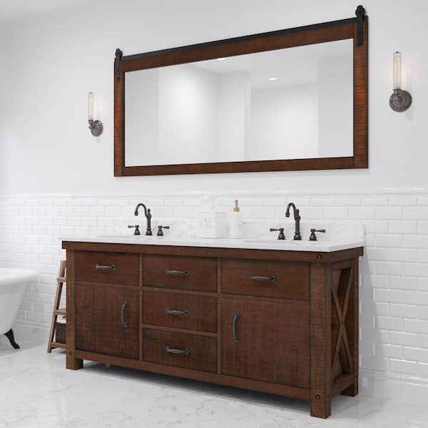 Water Creation Aberdeen 72 in. W x 22 in. D Vanity in Rustic Sienna with Marble Vanity Top in White with White Basin and Mirror