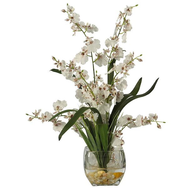 Nearly Natural 19 in. Artificial Dancing Lady Orchid Liquid Illusion Silk Flower Arrangement in White