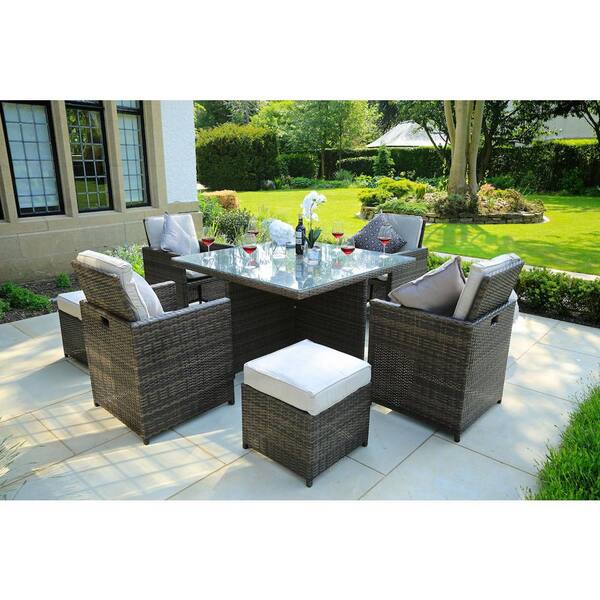 Irene Brown 9 Piece Wicker Square Outdoor Dining Set with Beige Cushions