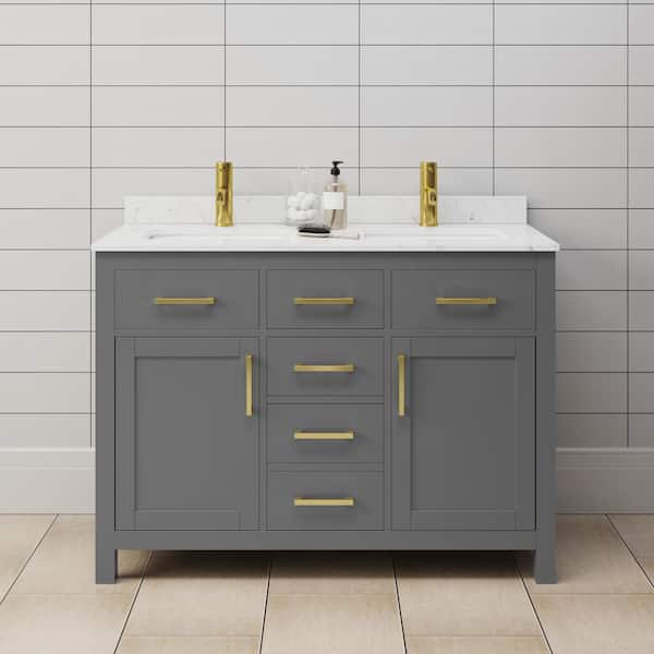 Wyndham Collection Beckett 48 in. W x 22 in. D x 35 in. H Double Sink Bathroom Vanity in Dark Gray with Carrara Cultured Marble Top