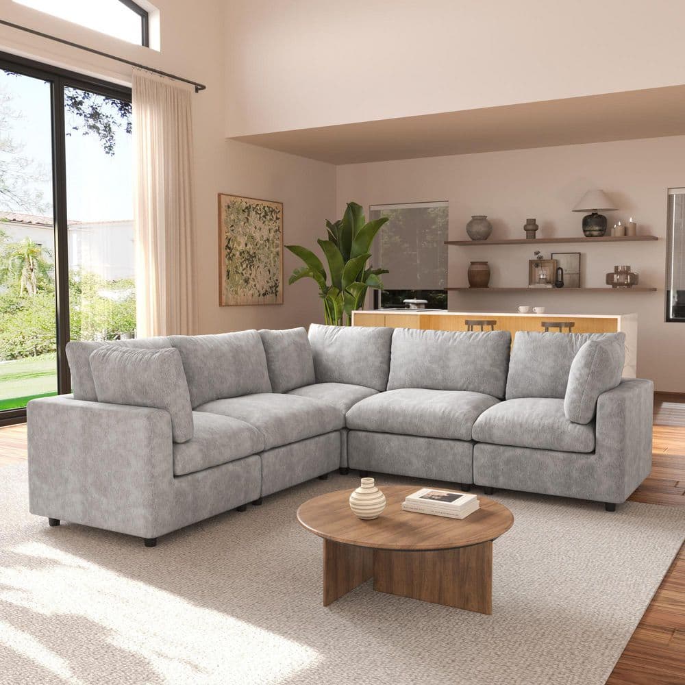 100.5 in. Square Arm Chenille Couch 5-Piece Modular Free Combination Sectional Sofa in. Gray