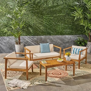 4-Piece Acacia Wood Outdoor Sectional Set with Coffee Table, Beige Cushions for Backyard Patio Porch Poolside Garden