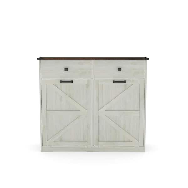 Farmhouse Double Tilt Out Trash Cabinet for 20 Gal. Trash Cans, Free Standing Recycling Cabinet in Antique White