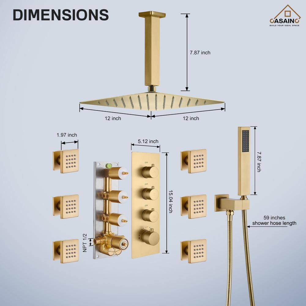Brushed Gold 12" Stainless Steel Ceiling Mounted Shower System with 6 Body Jets