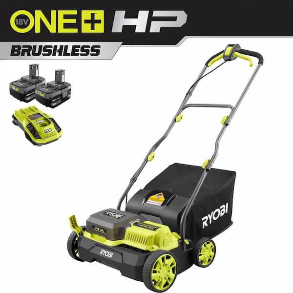 RYOBI ONE+ HP 18V Brushless 14 in. Cordless Battery Dethatcher/Aerator with (2) 4.0 Ah Batteries and Charger