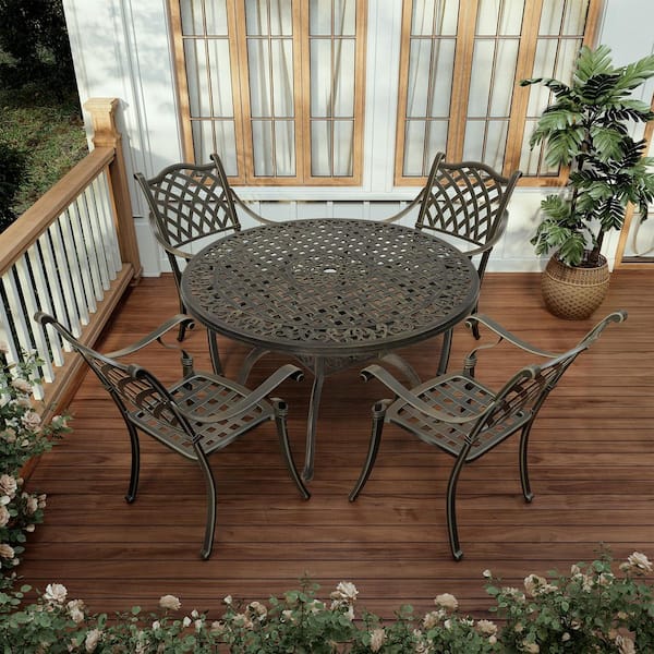 5-Piece Antique Bronze Cast Aluminum Patio Dining Set with 47 in. Round Table and 4 Dining Chair