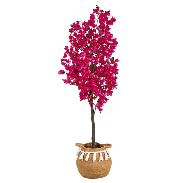 Nearly Natural 60 in. Pink Artificial Bougainvillea Tree in Handmade Jute and Cotton Basket with Tassels