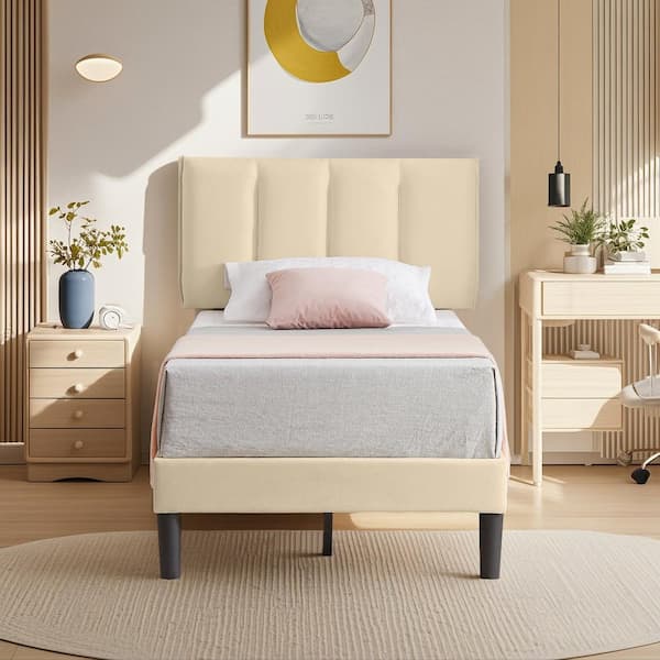 VECELO Upholstered Bedframe, Beige Metal Frame Twin Platform Bed with Adjustable Headboard, Wood Slat, No Box Spring Needed