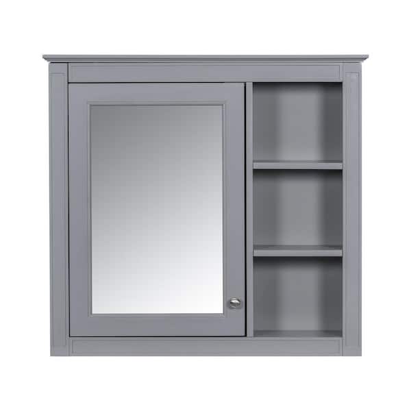 COWLOWN 29.92 in. W x 7.32 in. D x 28.00 in. H Bathroom Storage Wall Cabinet in Gray with Mirror and 3 Open Shelves