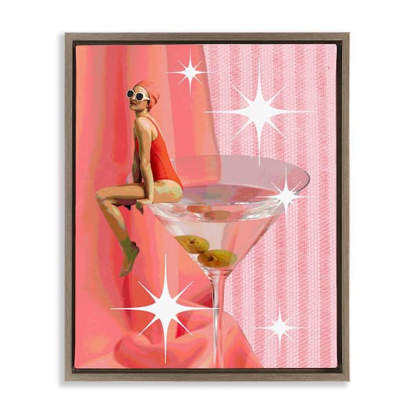 Stupell Industries Vintage Swimmer on Drink by Daphne Polselli Brown Floater Frame Food Graphic Art Print 31 in. x 25 in.