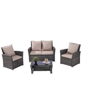 Gray 4-Piece Rattan Wicker Patio Conversation Set with Tempered Glass Coffee Table and Khaki Cushions for Poolside, Lawn