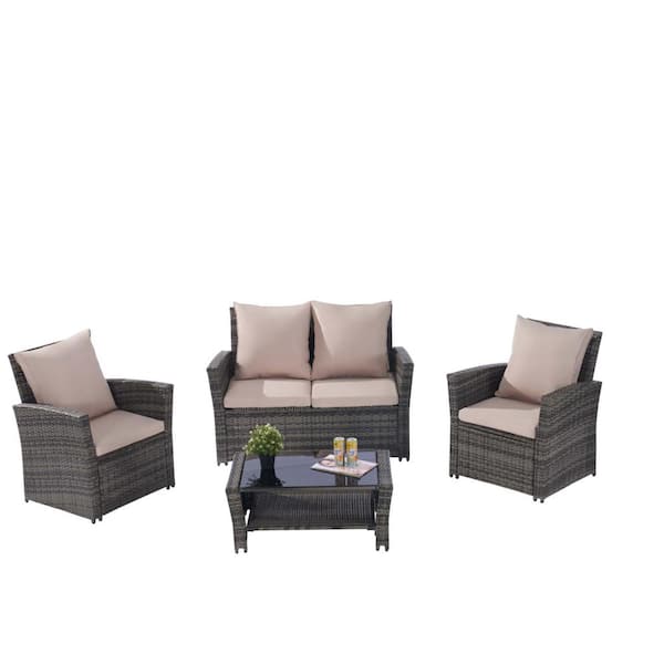 Zeus & Ruta Gray 4-Piece Rattan Wicker Patio Conversation Set with Tempered Glass Coffee Table and Khaki Cushions for Poolside, Lawn