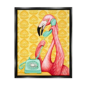 Flamingo Calling Telephone Groovy Flowers Wallpaper by Amelie Legault Floater Frame Animal Art Print 21 in. x 17 in