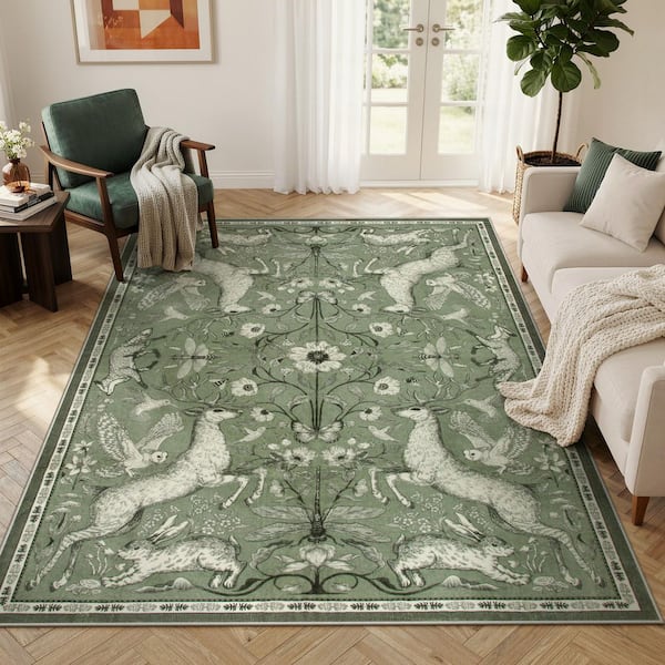 Modern Woodland Animal Deer Botanical Washable Non Slip Green 5 ft. x 7 ft. Living Room Bedroom Kids Room Area Rug