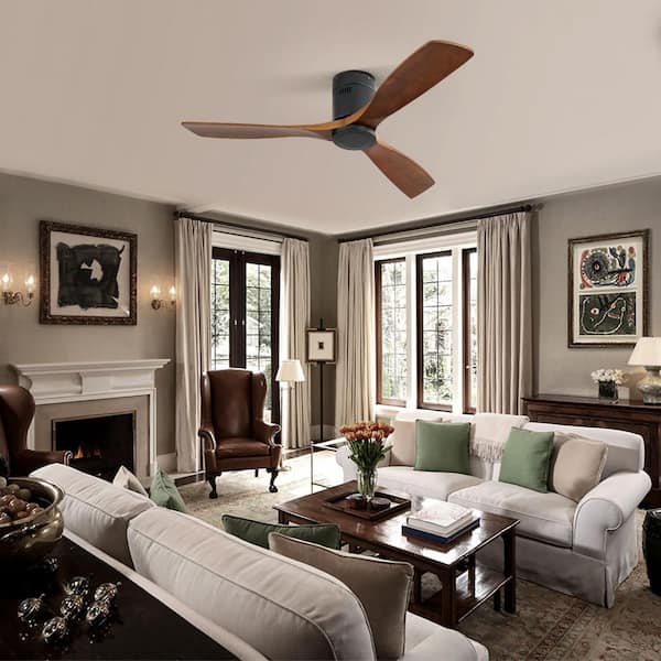 52 in. Modern Indoor Black Solid Wood Brown Blades Flush Mount Ceiling Fan with Noiseless Reversible DC Motor and Remote