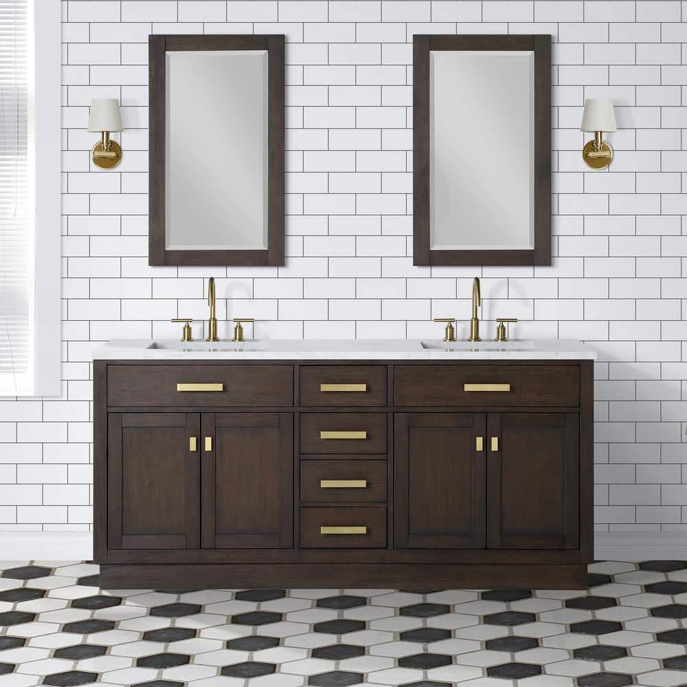 Chestnut 72" Brown Oak Double Sink Vanity with Carrara White Marble Countertop