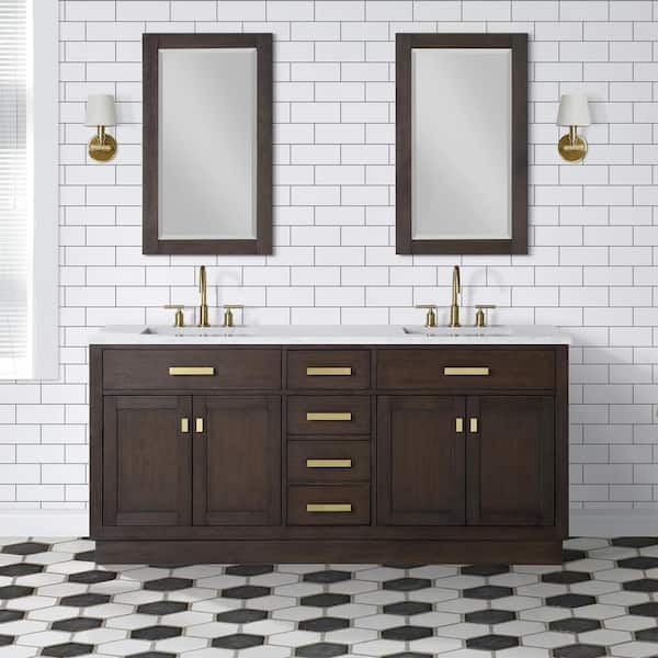 Water Creation Chestnut 72 in.W x 21.5 in.D x 34.2 in.H Double Sink Bath Vanity in Brown Oak with Carrara White Marble Top and Mirrors