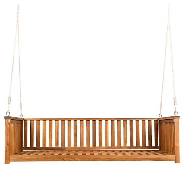Zeus & Ruta 79.1 in. White Patio Twin Size Garden Swing Bed Outdoor Wood Porch Swing with Ropes for Backyard, Safe Sloped Design