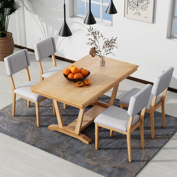 Harper & Bright Designs Rustic 5-piece Natural and Beige Rectangle Wood Dining Set Seats 4 with Trestle Table Base and 4-Upholstered Chairs