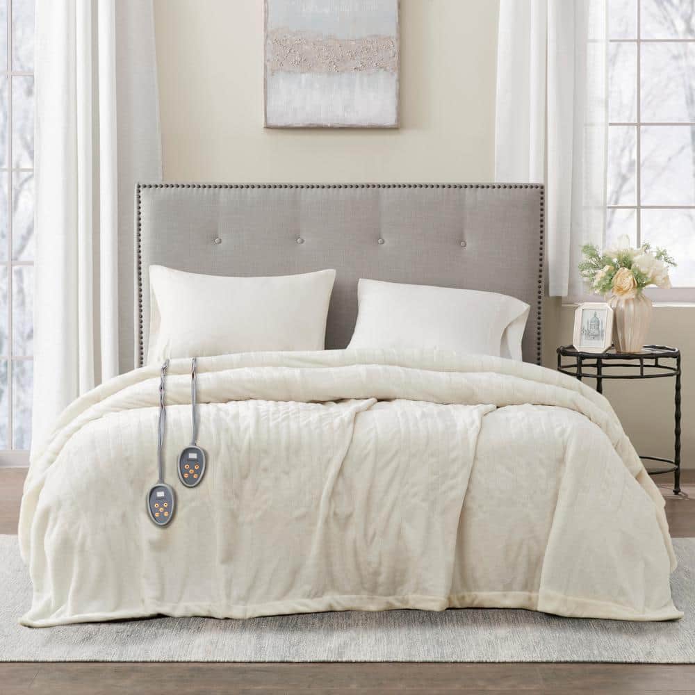 King Ivory Plush Electric Heated Blanket with Dual Controllers