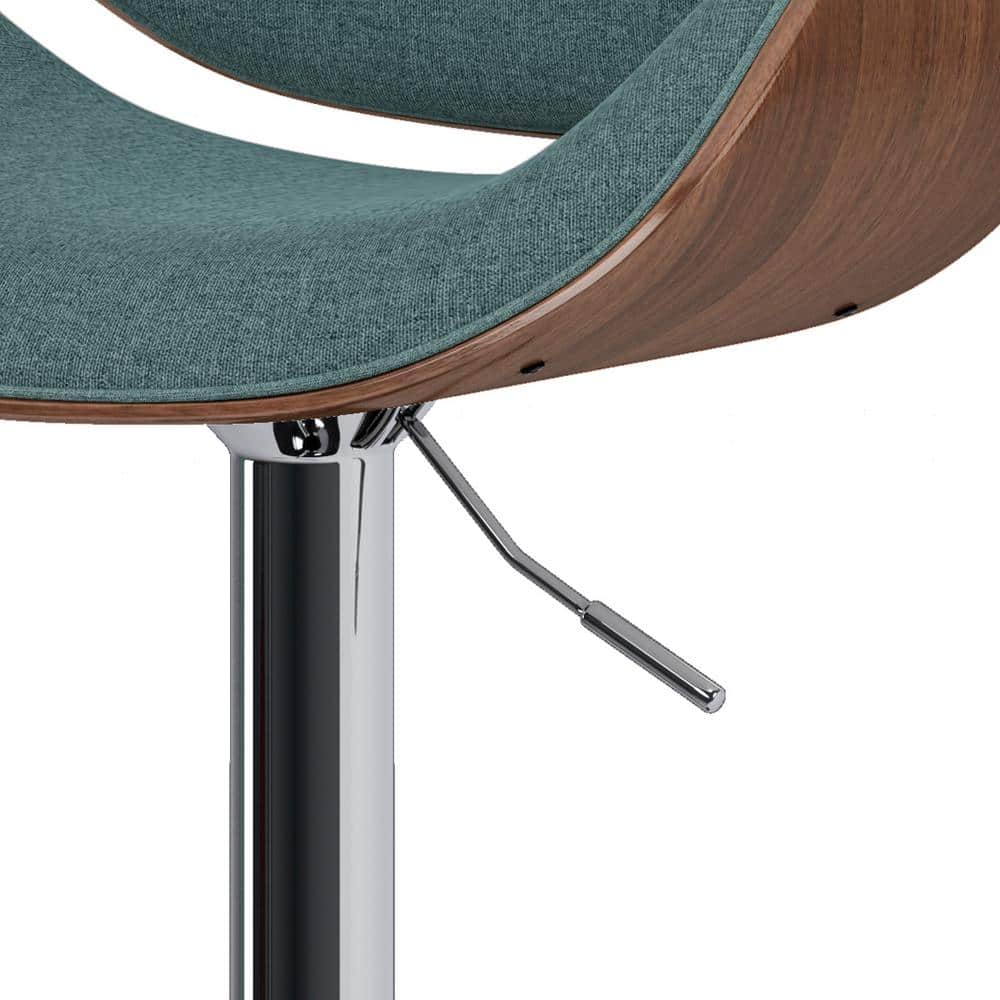 Light Turquoise Blue Linen Adjustable Swivel Bar Stool with Walnut Bentwood