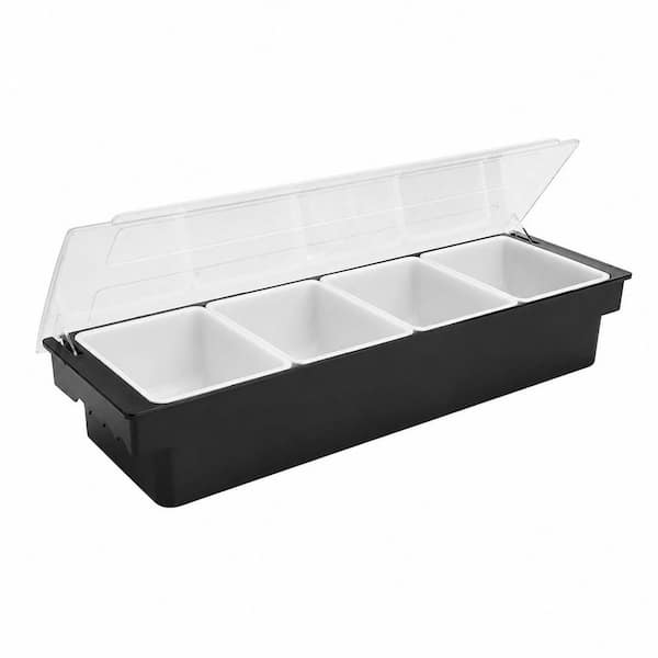 Black Plastic Ice Cooled Condiment Caddy with Lid, 4 Compartments for Buffets, Bars and Parties