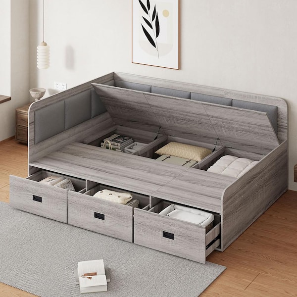 Harper & Bright Designs Gray Full Size L Shaped Daybed with Comfortable Upholstered Backrest, 3-Drawers, 3-Storage Compartments