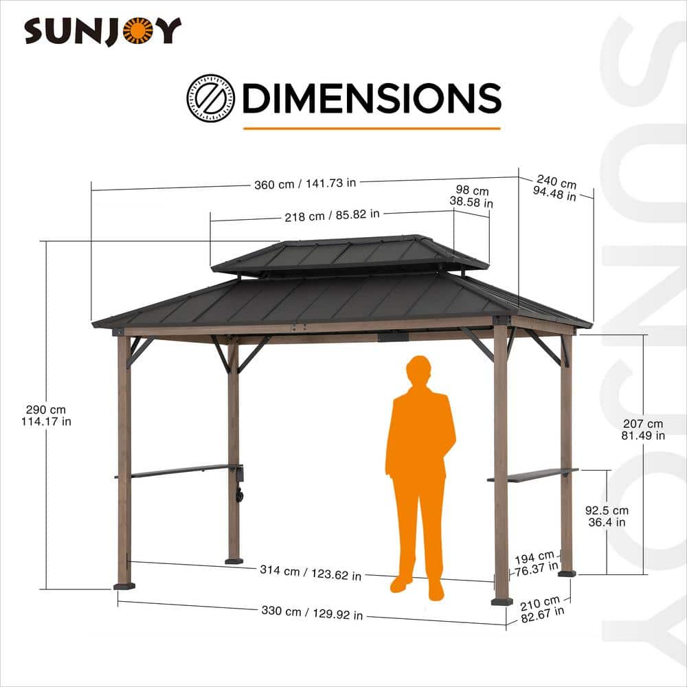 Sunjoy Sunjoy Wooden Grill Gazebo, 9.5 x 11.8 ft. Steel Hardtop Outdoor Gazebo for Year-Round Grilling, 2 Full Size Grills, Griddles or Smokers - Cook Station, Barbeque, Built-in Electrical Outlets