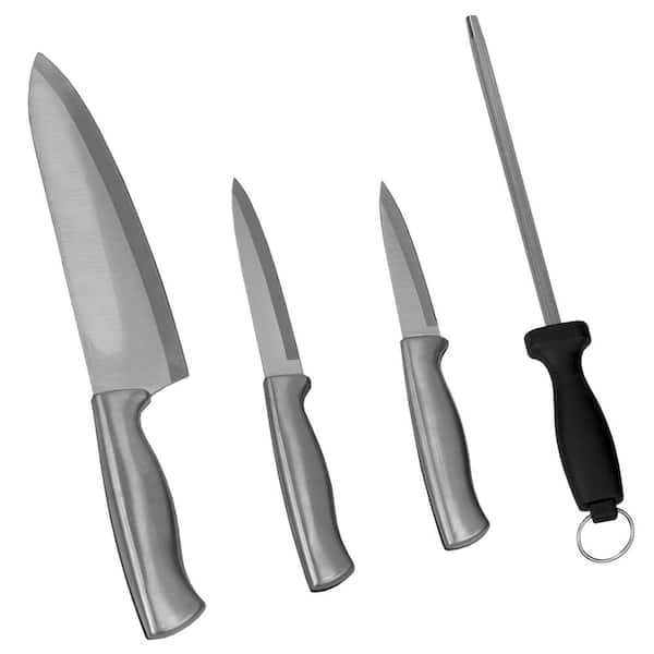 Home Basics 4-Piece Grey Stainless Steel Knife Set with Knife Blade Sharpener