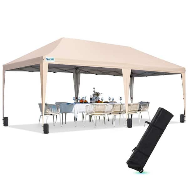 10 ft. x 20 ft. Adjustable Height Pop Up Canopy with Roller Bag, Waterproof and UV Resistant, Beige