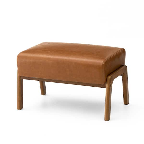 Mid-century Modern Yellowish-brown Leatherette Accent Stool with Walnut Rubberwood Legs