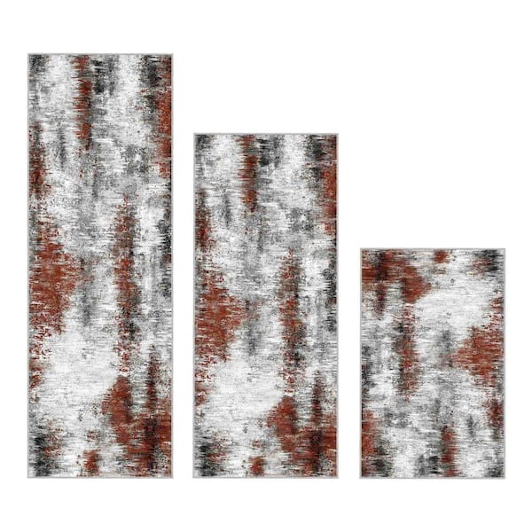 Rust Red 59 in. x 20 in. Indoor Non Slip Washable Kitchen Rugs and Mats Set of 3