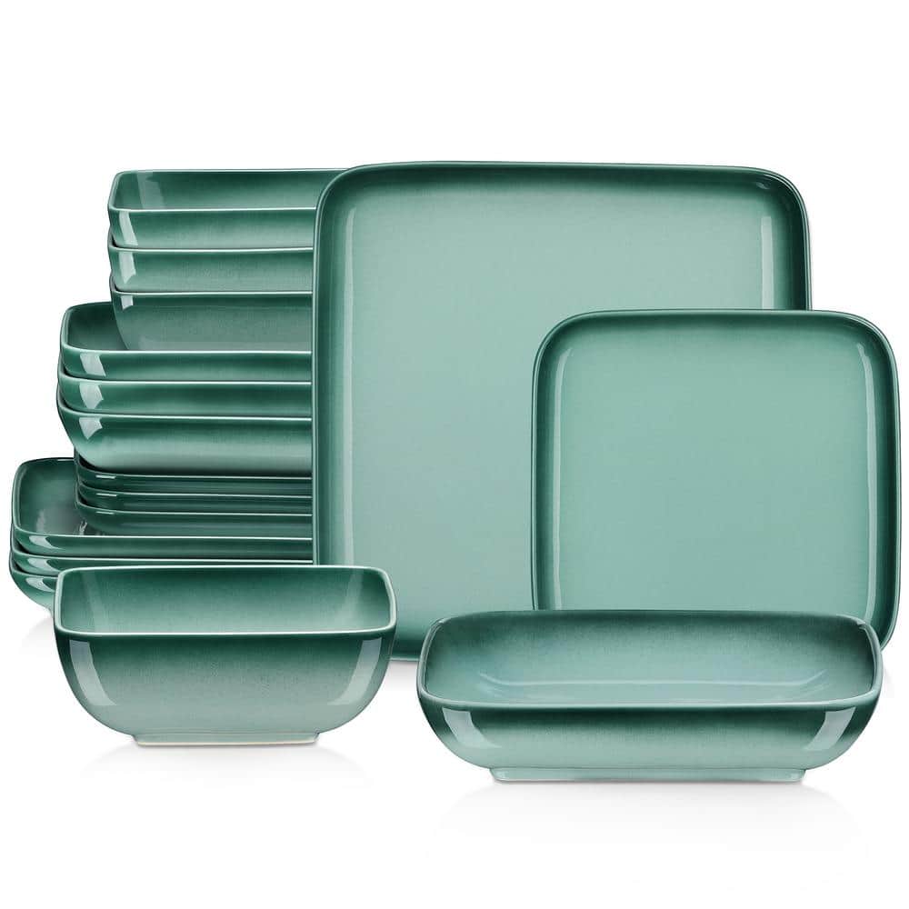 LOVECASA 16Piece Gradient Color Green Stoneware Dinnerware Set