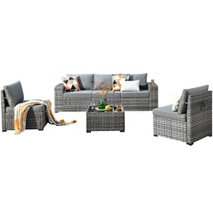 Crater Gray 6-Piece Wicker Wide-Plus Arm Outdoor Patio Conversation Sofa Set with Dark Grey Cushions