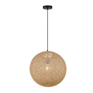 Entwined 60-Watt 1-Light Black 24 in. Globe Pendant Light with Natural Rattan Shade and No Bulbs Included