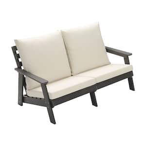 Plastic HIPS Outdoor Loveseat with Cushion, Wood Grain Garden Sofa, for Porch, Poolside, Terrace, Yard Grey/Beige
