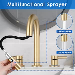 8 in. Widespread Bathroom Faucet 3 Hole with Pull Out Sprayer, Bathroom Sink Faucet with Pop-Up Drain in Brushed Gold