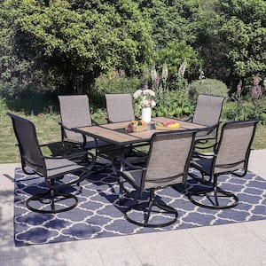 Black 7-Piece Metal Rectangle Patio Outdoor Dining Set with Geometric Table and Textilene Swivel Chairs