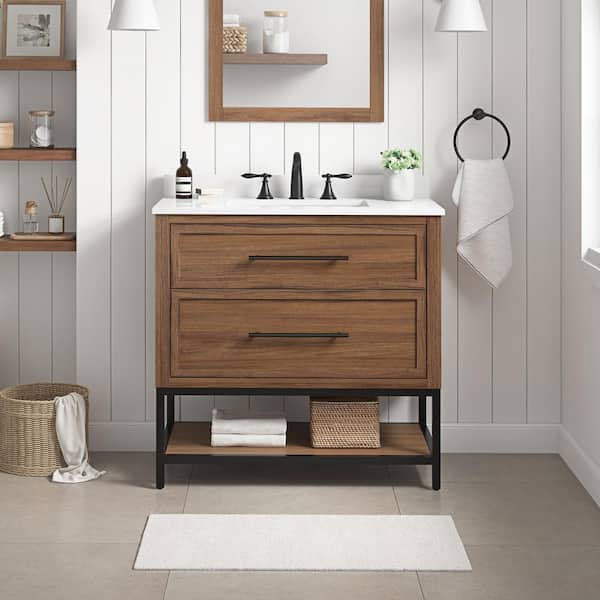 Home Decorators Collection Corley 36 in. W x 19 in. D x 34 in. H Single Sink Bath Vanity in Spiced Walnut with White Engineered Stone Top