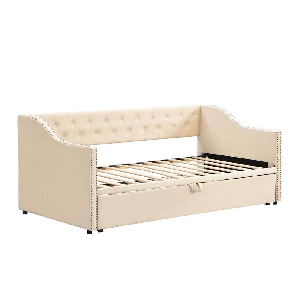 Beige Twin Size Soft Velvet Upholstered Tufted Daybed with Pop Up Trundle - thumbnail 9