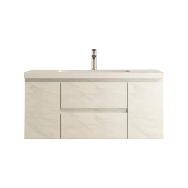 Angela 48 in. Single Jazz White Bath Vanity Wall-mounted Floating Vanities with Gloss White Resin Stone Top 2 Drawers